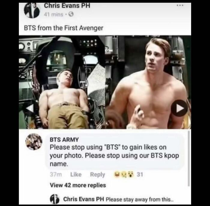 Screenshot of a meme account explaining the confusion between BTS from the First Avenger and BTS Kpop group.
